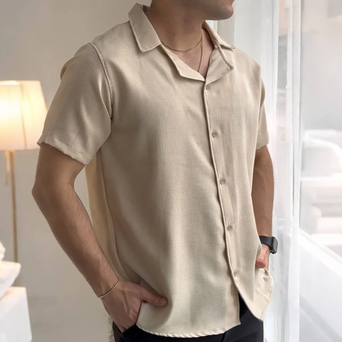 Camisa Manga Corta Lino Egipcian Beige